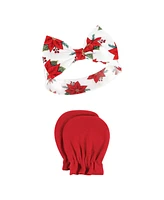 Hudson Baby Baby Girls Cotton Headband and Scratch Mitten Set, Poinsettia, 0-6 Months