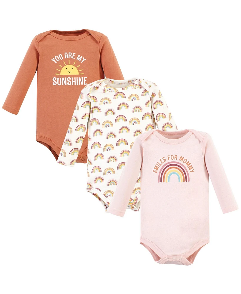 Hudson Baby Baby Girls Cotton Long-Sleeve Bodysuits, Sunshine Rainbows 3-Pack, 3-6 Months - Sunshine rainbows 3