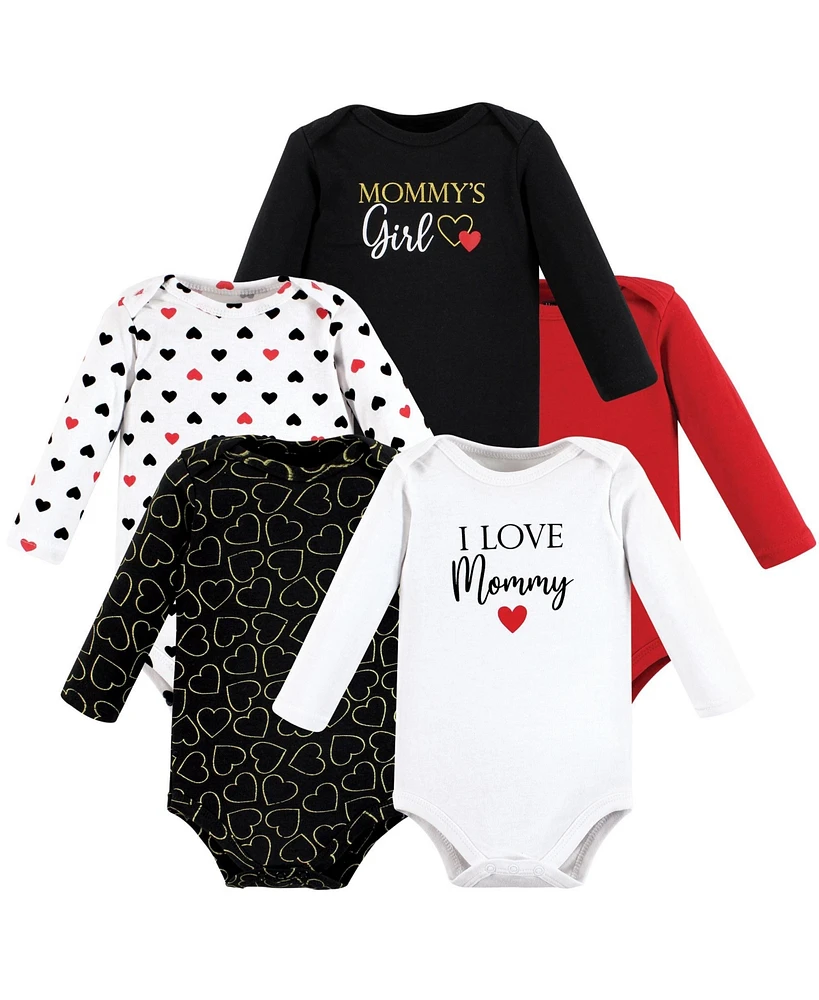 Hudson Baby Girls Cotton Long-Sleeve Bodysuits Mommy Red Black 5-Pack, 3-6 Months