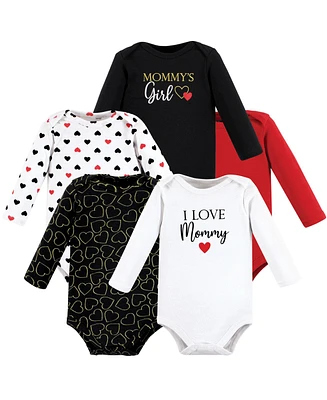 Hudson Baby Girls Cotton Long-Sleeve Bodysuits Mommy Red Black 5-Pack, 3-6 Months
