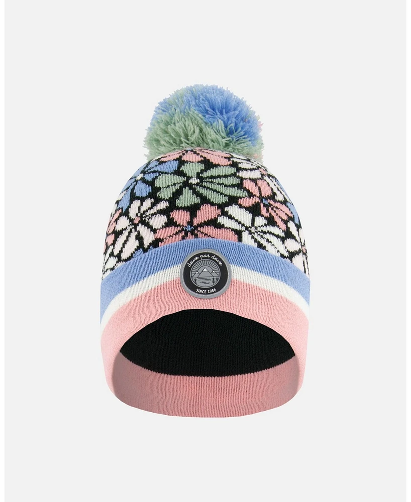 Deux par Girl Knit Hat Blue, Pink And White Retro Flowers - Toddler|Child