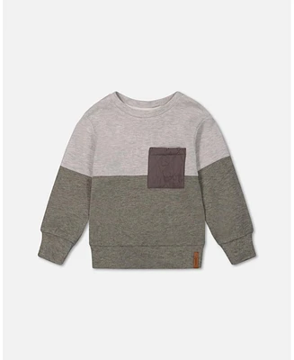 Deux par Big Boys Super Soft Colorblock Top With Quilted Pocket Gray And Sage