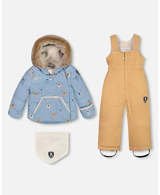 Deux par Baby Boy Two Piece Snowsuit Blue Printed Bear Face And Doe - Infant|Toddler