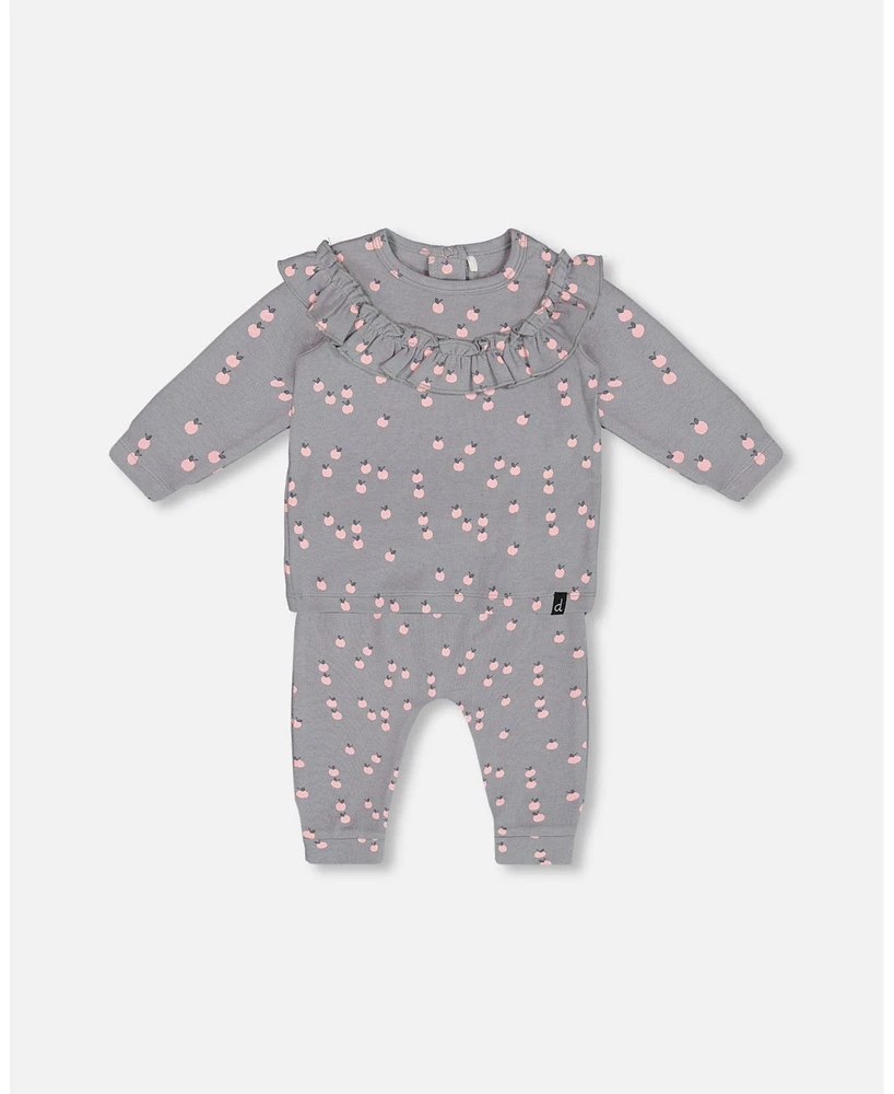 Deux par Baby Girls Printed Organic Cotton Top And Pants Set Gray With Apples