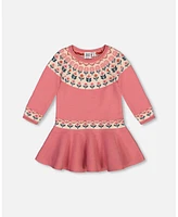 Deux par Toddler Girls Knit Dress With Round Intarsia Flowers Light Pink