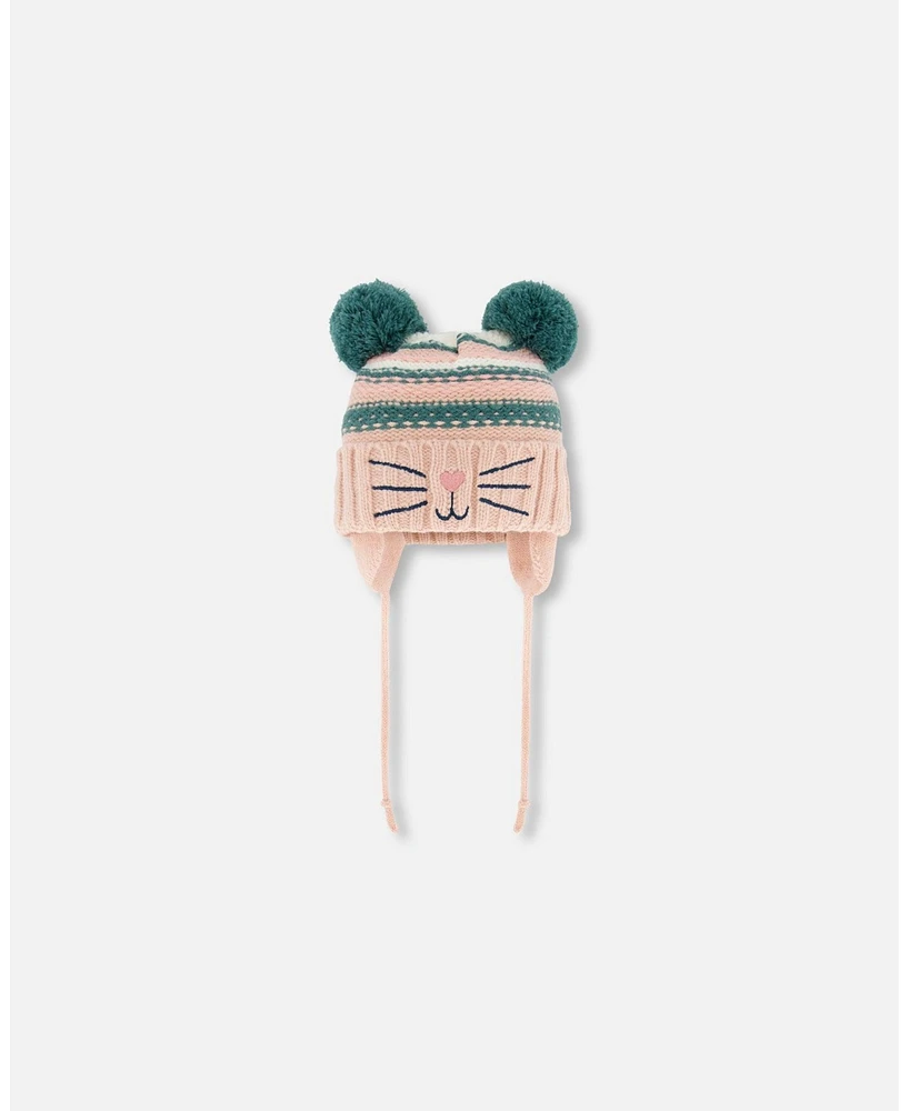 Deux par Deux Girl Knit Hat With Ears Light Pink Cat Face - Toddler|Child