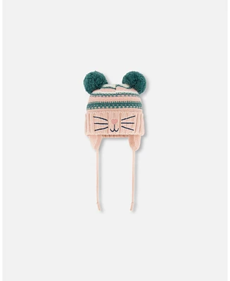 Deux par Deux Girl Knit Hat With Ears Light Pink Cat Face - Toddler|Child