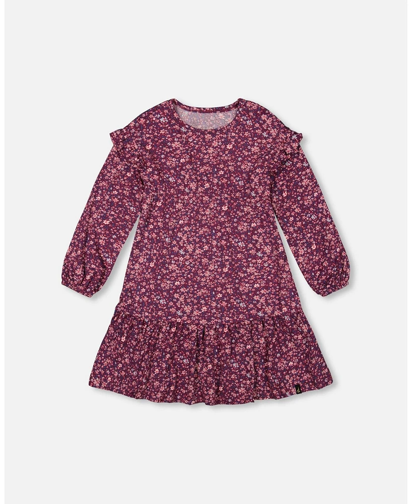 Deux par Toddler Girls Dress With Frills Burgundy Printed Flowers - Toddler|Child