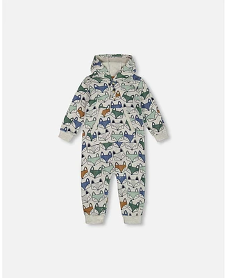 Deux par Baby Boys Printed Fox Hooded Fleece Jumpsuit Gray Mix