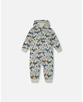 Deux par Baby Boys Printed Fox Hooded Fleece Jumpsuit Gray Mix