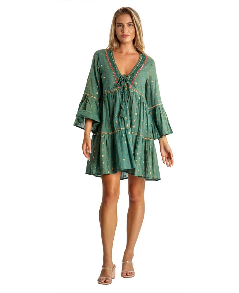 La Moda Clothing Women's Green Short Dress with Gold Polka Dots