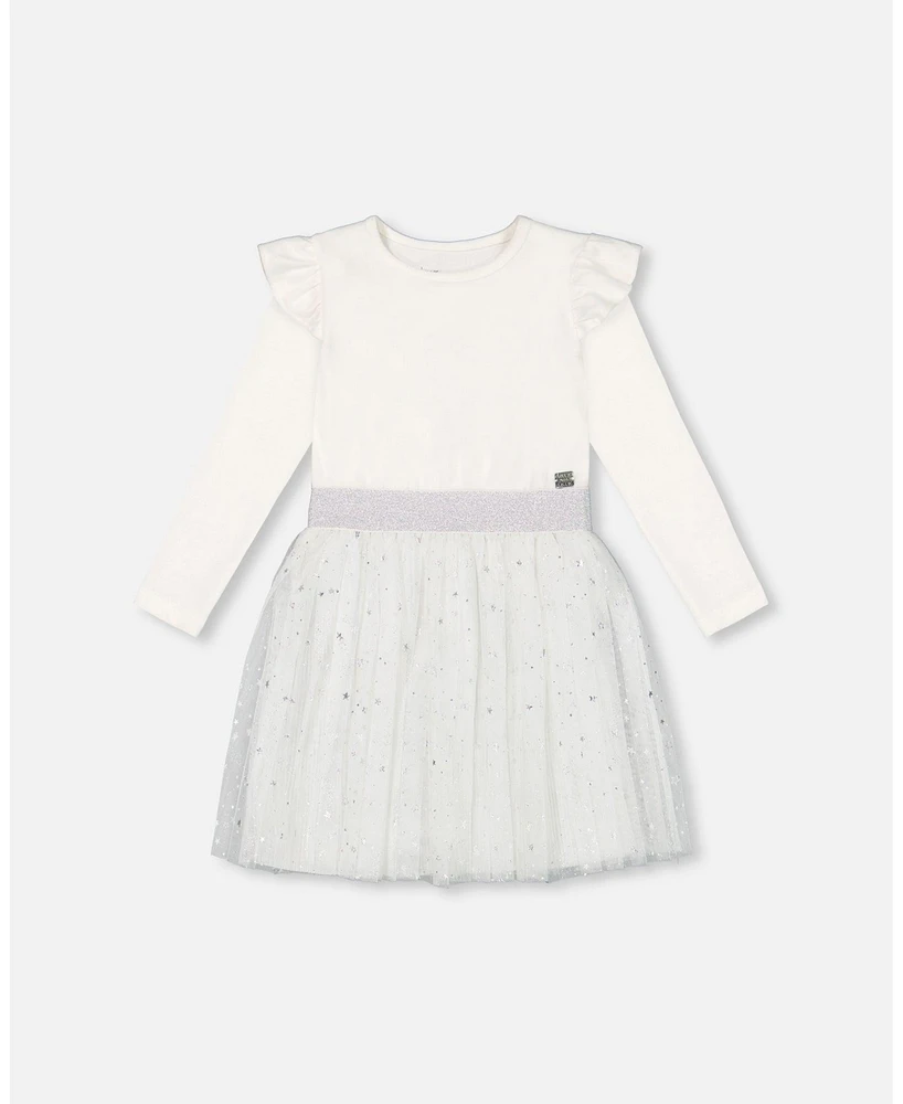 Deux par Big Girls Long Sleeve Dress With Glittering Tulle Skirt Off White