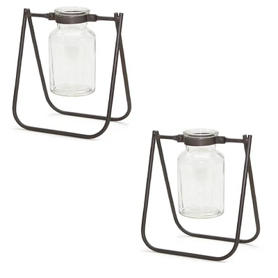 Slickblue Hanging Glass Jar Vase With Metal Stand (Set of 2)