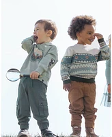 Deux par Toddler Boys Jacquard Sweater With Fox Beige, Blue And Green