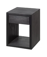 Woodek Black Wooden Nightstand With Open Storage And A Drawer - Small