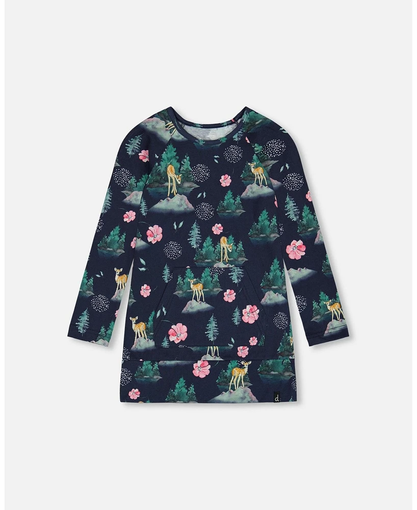 Deux par Big Girls Long Sleeve Tunic With Pocket Navy Printed Bambi