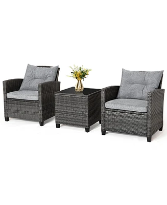 Gymax 3PCS Patio Rattan Sofa Set Outdoor Wicker Conversation Set Glass Tabletop w/ Grey Cushion