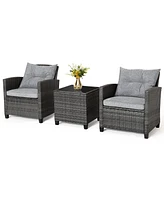 Gymax 3PCS Patio Rattan Sofa Set Outdoor Wicker Conversation Set Glass Tabletop w/ Grey Cushion