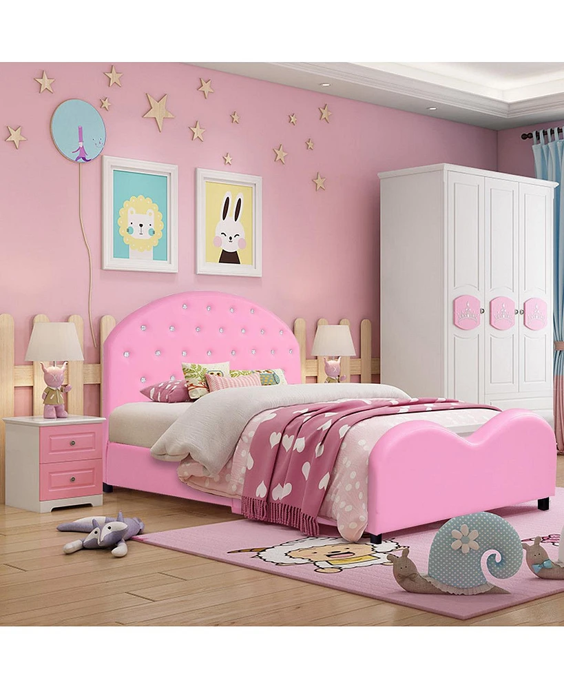 Costway Kids Children Pu Upholstered Platform Wooden Princess Bed Bedroom Furniture