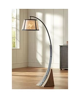 Franklin Iron Works Oak River Rustic Farmhouse Mission Style Arched Floor Lamp 66.5" Tall Dark Gray Black Wood Standing Base Mica Drum Shade for Livin