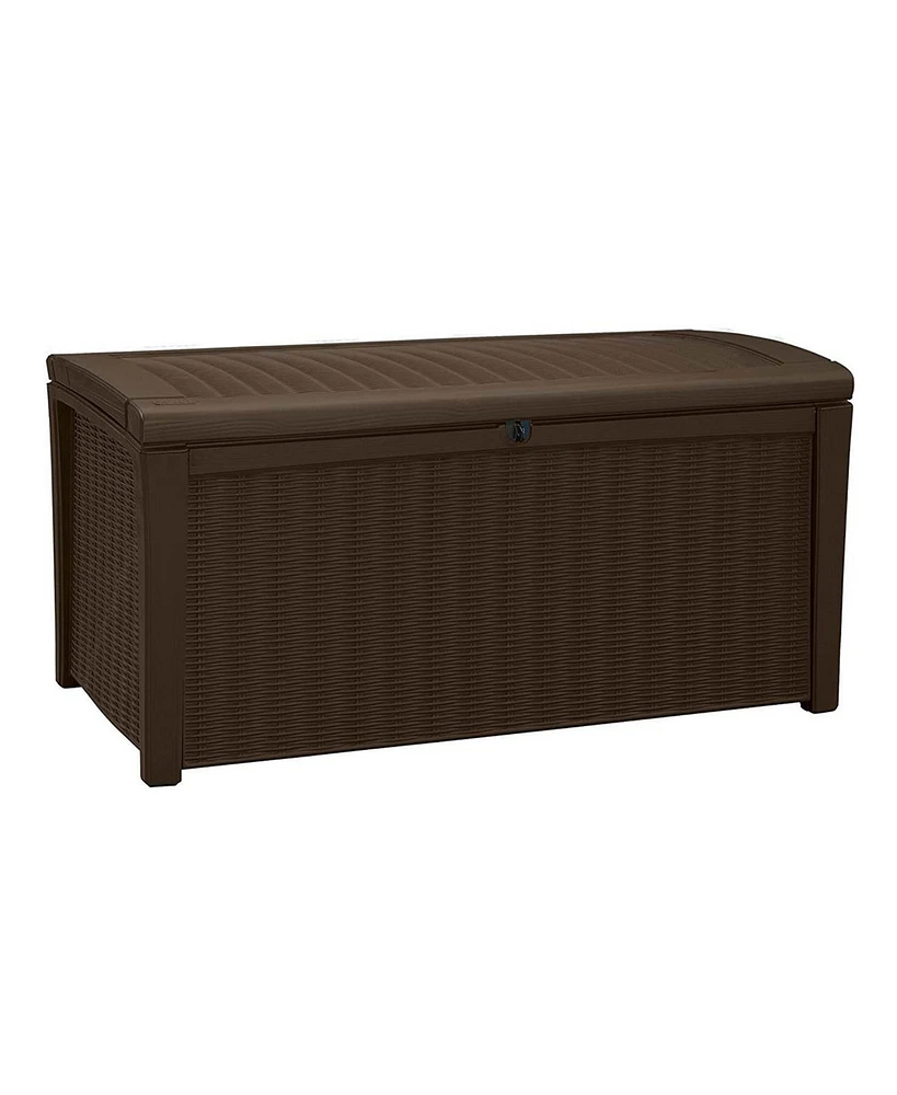 Keter Borneo 110 Gallon Rattan Wicker Resin Patio Deck Storage Box Bench, Brown