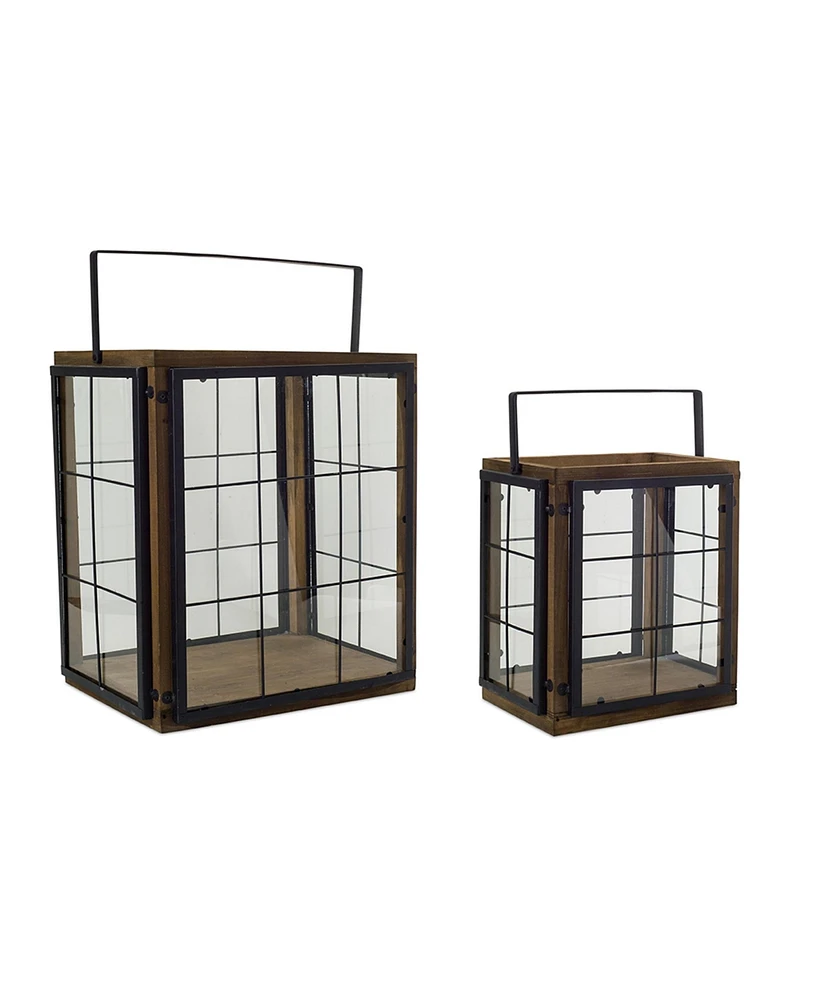 Slickblue Modern Wood Box Lantern With Metal Panes (Set of 2)