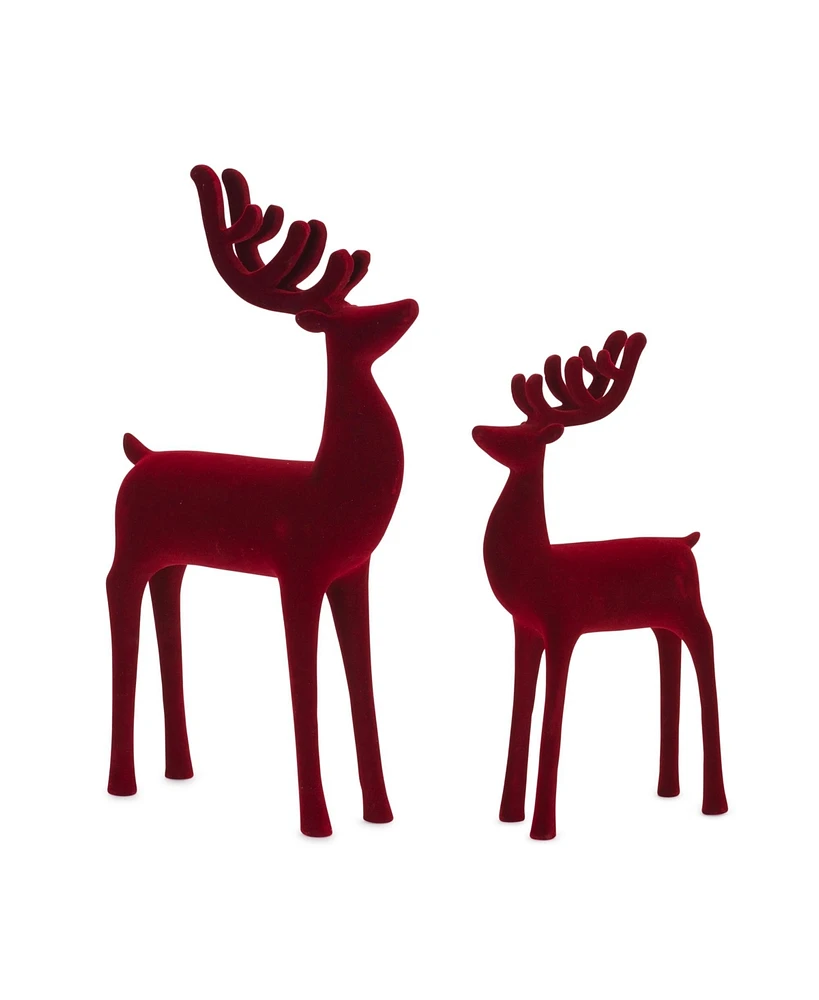 Slickblue Set of 2 Red Flocked Deer Figurines: Elegant Holiday Decor