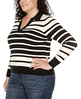 Belldini Plus Striped Johnny Collar Sweater