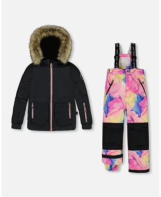 Deux par Big Girls Two Piece Snowsuit Black With Printed Multicolor