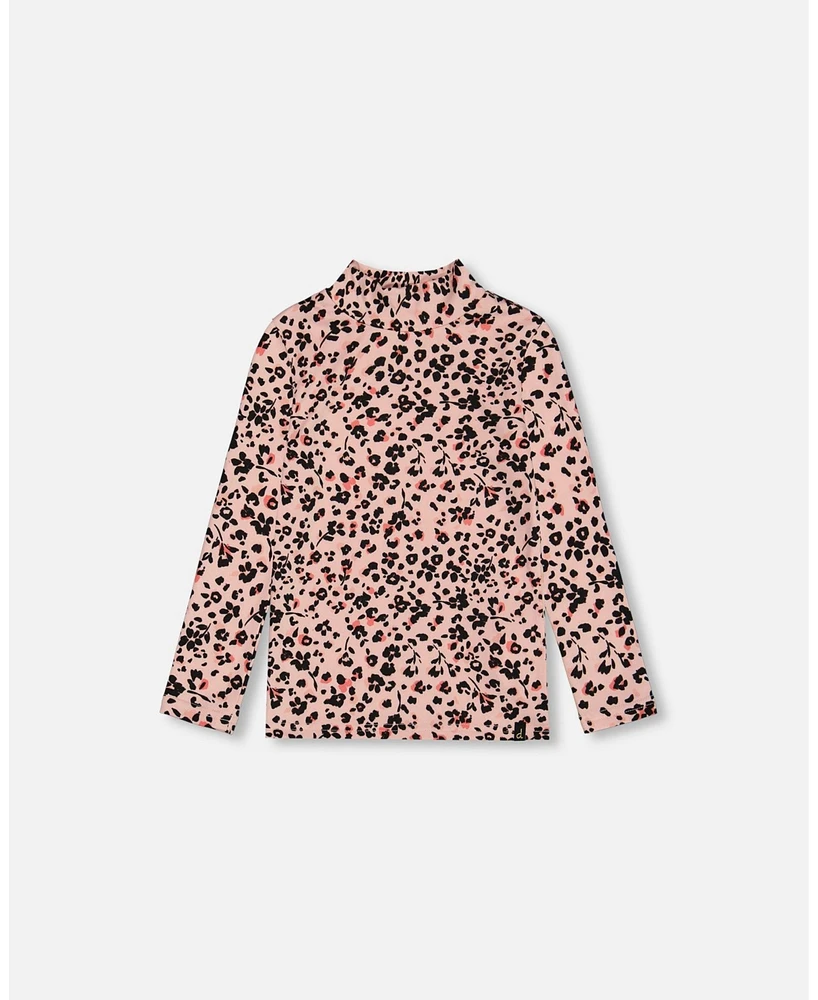 Deux par Toddler Girls Long Sleeve Mock Neck Top Pink Printed Leopard Flowers - Toddler|Child