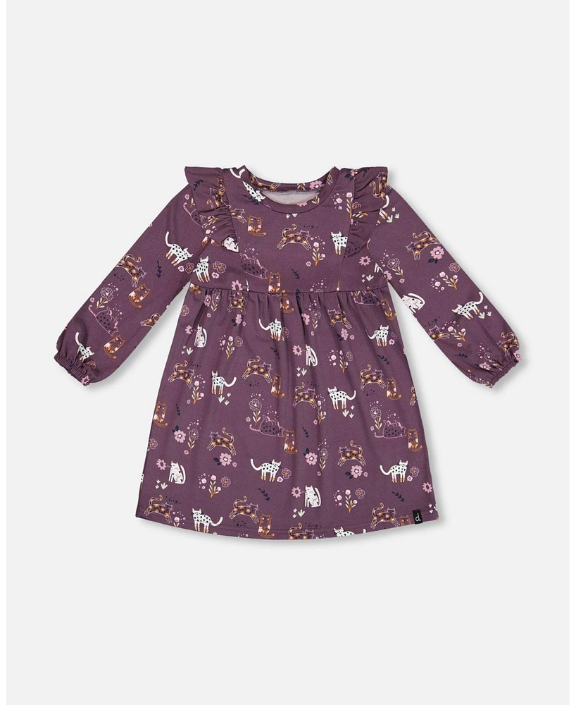 Deux par Toddler Girls Dress With Frills Mauve Printed Cats - Toddler|Child