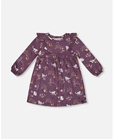 Deux par Toddler Girls Dress With Frills Mauve Printed Cats - Toddler|Child