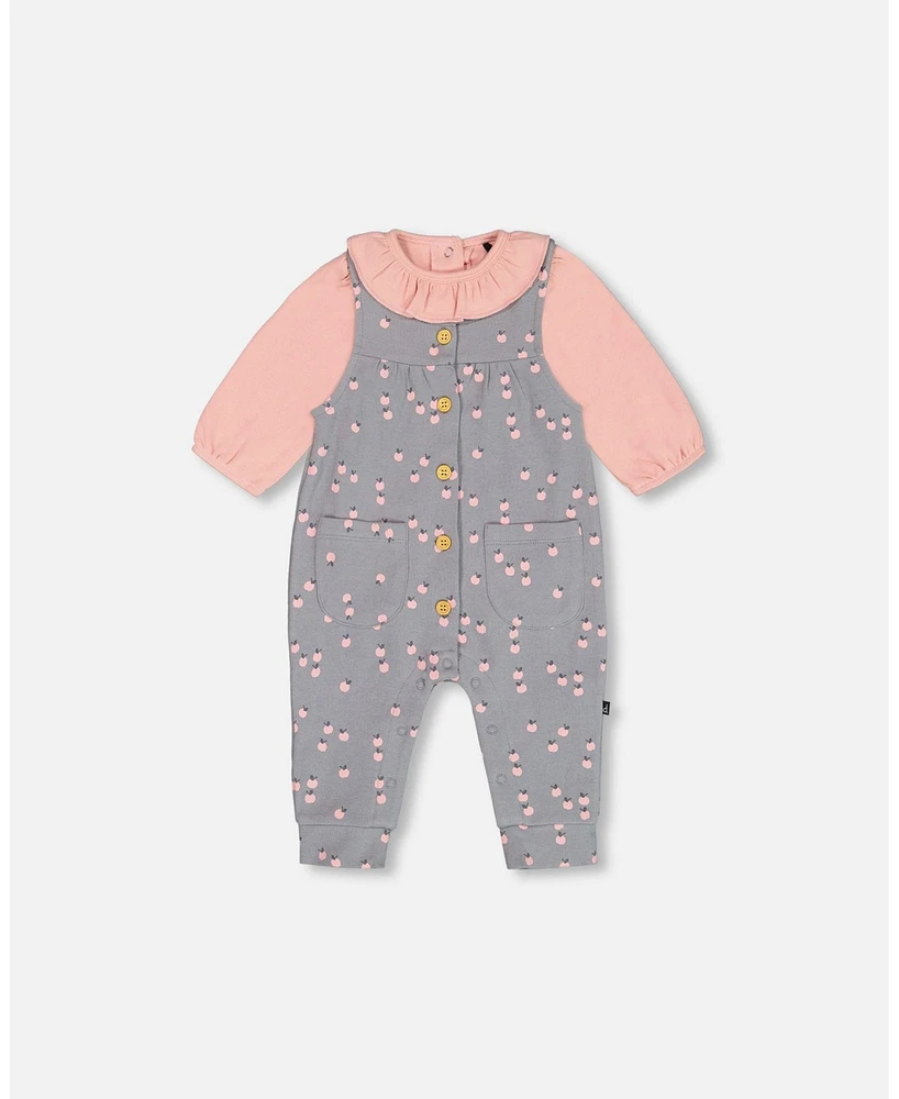 Deux par Baby Girls Organic Cotton Onesie And Printed Overall Set Gray With Apples