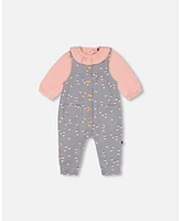 Deux par Baby Girls Organic Cotton Onesie And Printed Overall Set Gray With Apples