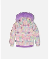 Deux par Big Girls Two Piece Snowsuit Solid Pant Lilac With Jacket Printed Hearts