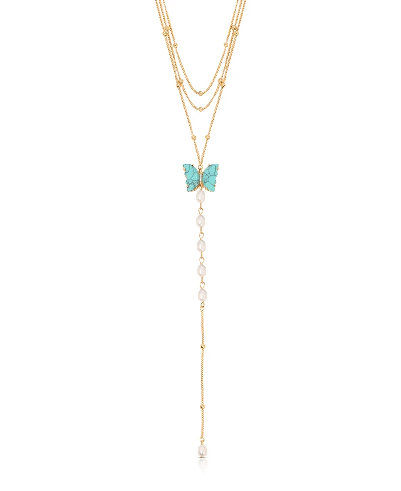 Ettika Turquoise Butterfly Cultivated Pearl Chain Lariat Necklace