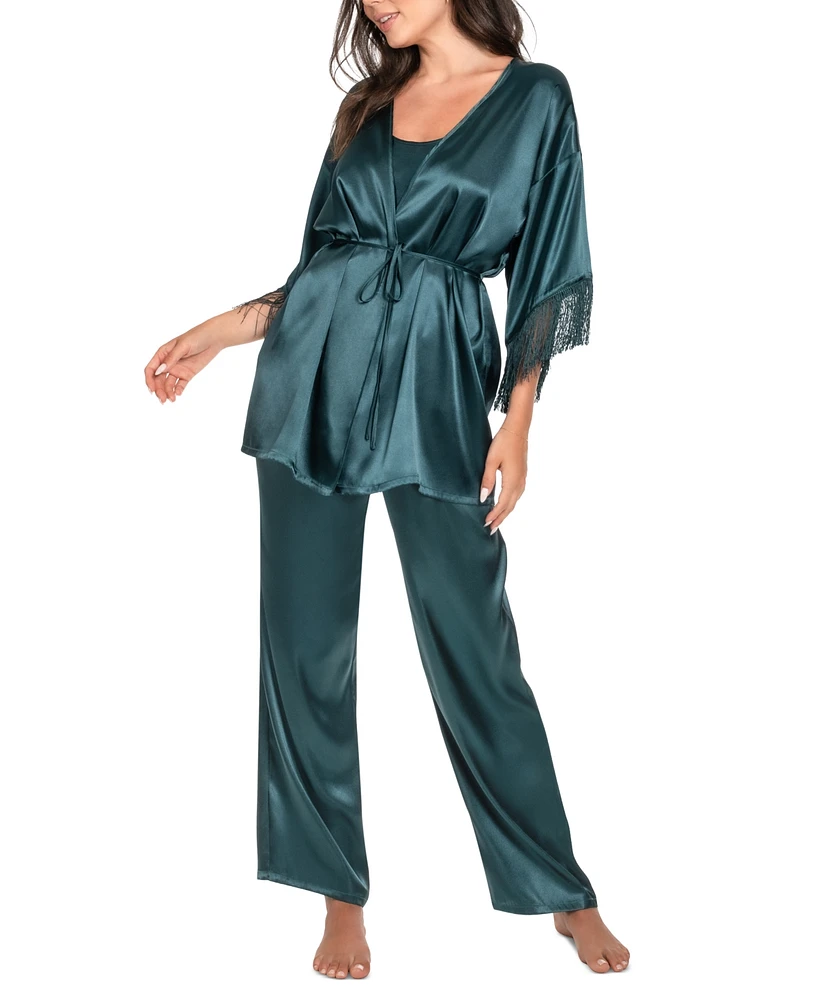 Linea Donatella Women's 3-Pc. Satin Fringe Robe, Cami & Pants Set