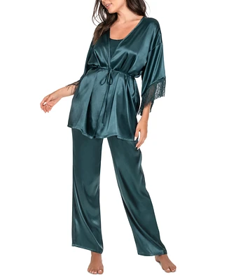 Linea Donatella Women's 3-Pc. Satin Fringe Robe, Cami & Pants Set