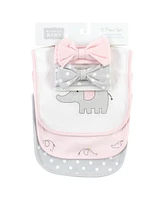 Hudson Baby Infant Girl Cotton Bib and Headband or Caps Set, Pink Gray Elephant, One Size