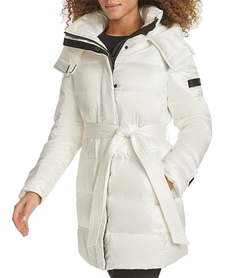 Karl Lagerfeld Womens Shine Hooded Short Belted Puffer Coat