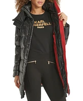 Karl Lagerfeld Womens Shine Hooded Short Belted Puffer Coat