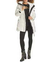 Karl Lagerfeld Womens Shine Hooded Short Belted Puffer Coat