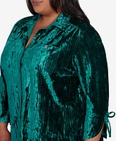 Alfred Dunner Plus Size Emerald Isle Crushed Velvet Emerald Button Front Top