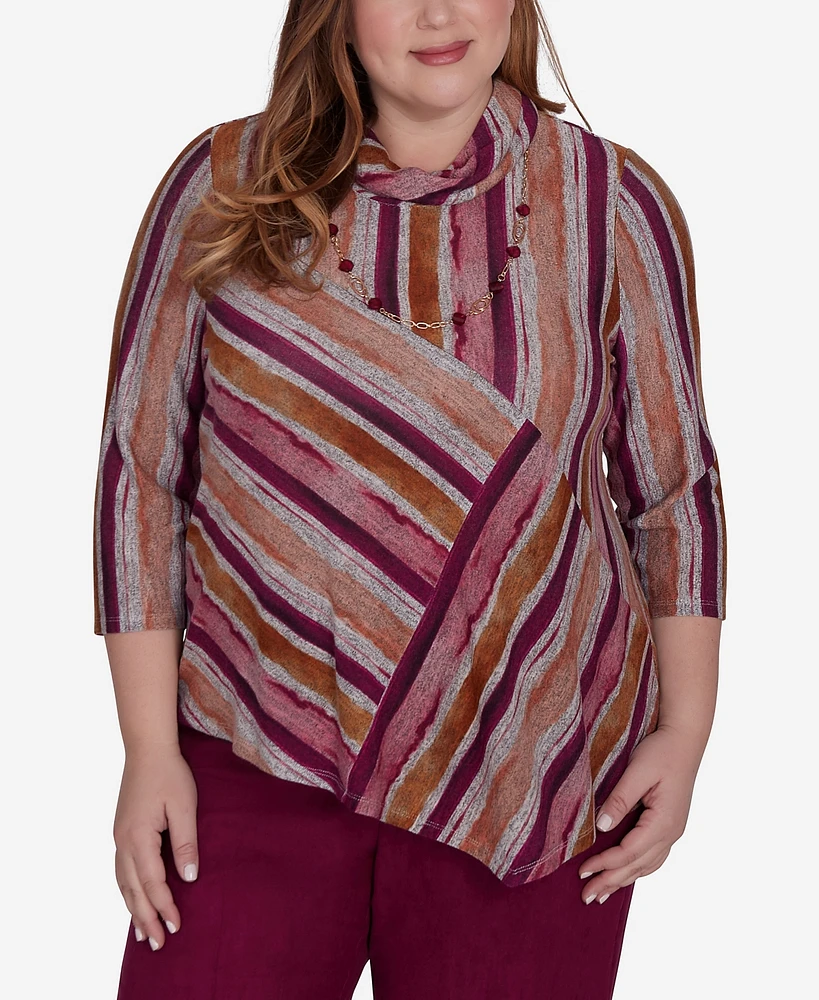 Alfred Dunner Plus Wine Country Spliced Stripe Cowl Neck Top With Necklace