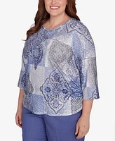 Alfred Dunner Plus Worth Avenue Women's Medallion Patchwork Beaded Crew Neck Top