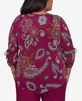 Alfred Dunner Plus Wine Country Floral Paisley Drawstring Sleeves V-Neck Top