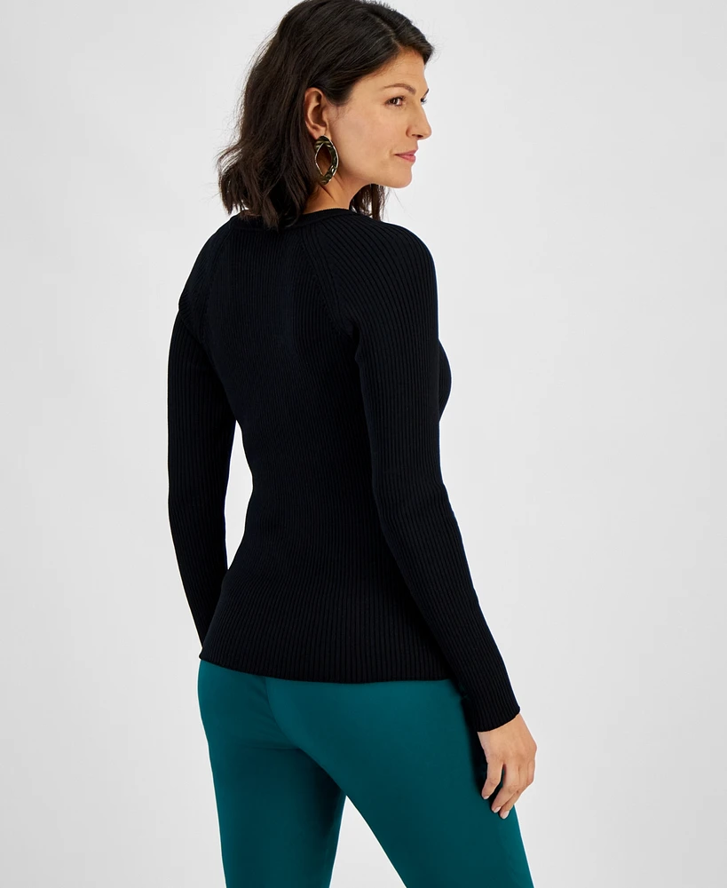 I.n.c. International Concepts Women's Lace-Up Ribbed-Knit Sweater, Created for Macy's