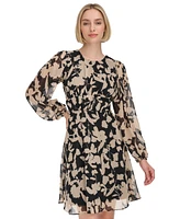 Calvin Klein Women's Printed Jewel-Neck Long-Sleeve Dress