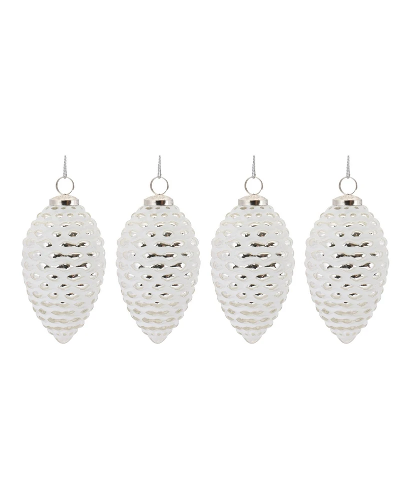 Slickblue Frosted Glass Pinecone Ornaments - Set of 4, Wintry White and Chic Silver Tones