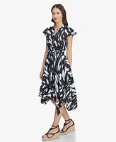 Dkny Women's Printed Tie-Waist Asymmetrical-Hem Linen Dress